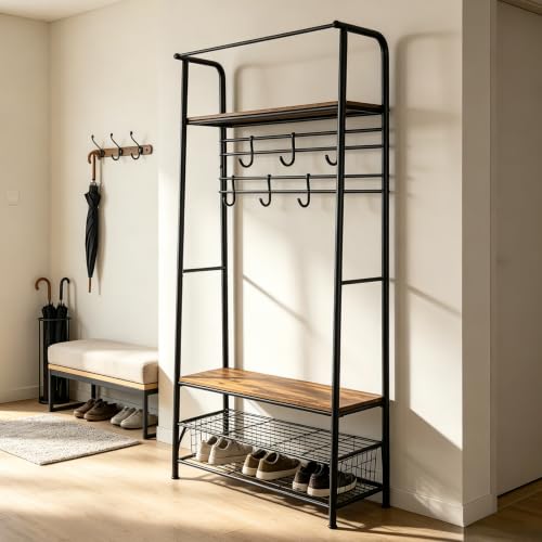Entryway Hall Tree with Shoe Rack, Industrial Coat Rack & Storage Bench | Sturdy metal frame | 6 staggered hooks hold 11 lbs each | 2-tier shoe shelf fits 8 pairs | Quick 20-min assembly