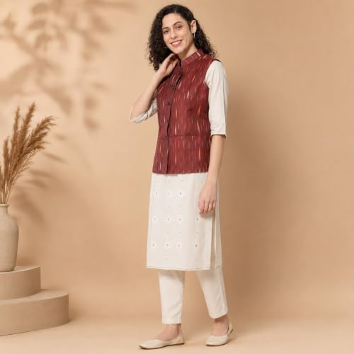 Image of Vastraa Fusion Women's Ikat Cotton Nehru Jacket Printed Waistcoat Sleeveless Mandarin Collar Button Front Ethnic Casual Wear