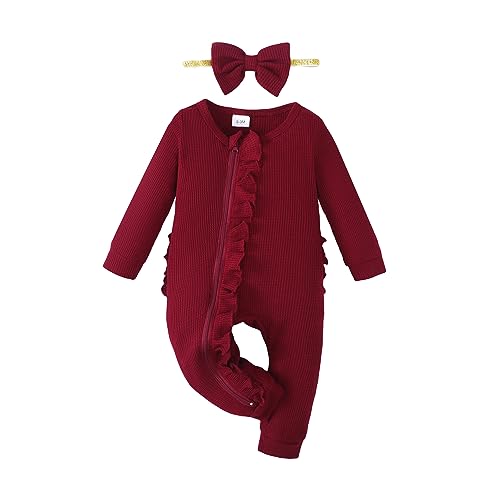 Image of Mikrdoo Newborn Girl Clothes 0-3 Months One Sies Long Sleeve Zipper Romper Clothe Set with Headband for 0-3M Red