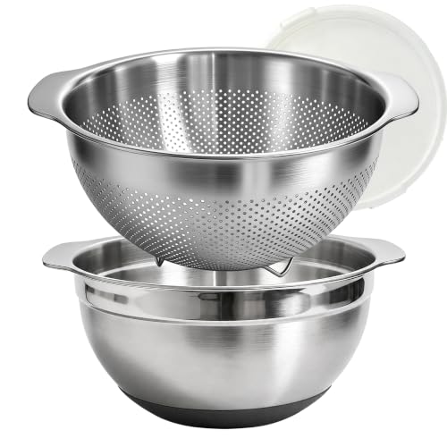Image of Colanders & Food Strainers,Stainless Steel Colander,2 Pcs Kitchen Strainers with Mixing Bowl for Pasta, Rice, Vegetables,Dishwasher Safe Metal Colander with Handles,Kitchen Gift (primary colour, 5QT)