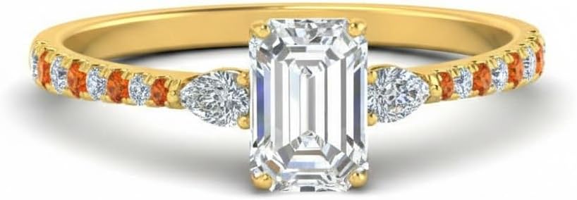 Choose Your Gemstone Pear 3 Stone Cathedral Diamond CZ Ring Yellow Gold Plated Emerald Shape Petite Engagement Rings Minimal Modern Design Birthday Gift Wedding Gift US Size 4 to 12