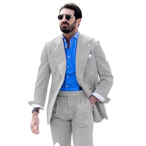 Double Breasted Seersucker Suit Men 2 Piece Suits for Men Summer Wedding Casual Big and Tall Lightweight