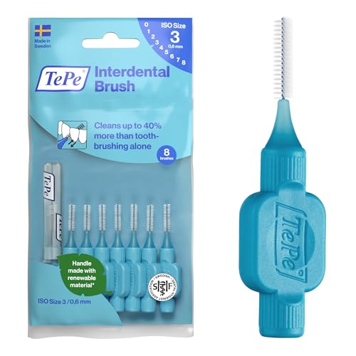 TePe Interdental Brush, Original, Blue, 0.6mm/ISO 3, 8pcs, Plaque Removal, efficient Clean Between The Teeth, Tooth Floss, for Small Gaps