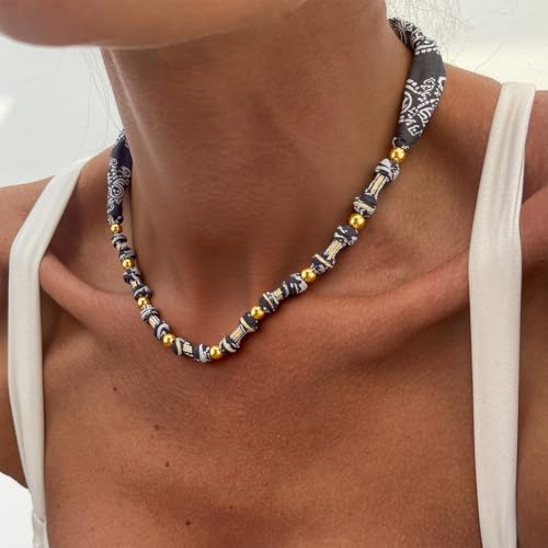 Dcfywl731 Scarf Necklace with Charm Bandana Choker Necklaces for Women Silk Tie Necklaces Woman Jewelry Colorful Scarfs for Women2