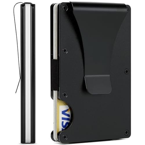 Image of Minimalist Wallet for Men, Slim Metal RFID Blocking Wallet Credit Card Holder Money Clip & Cash Strap, Scratch-Resistant Holds 15 Cards,Ideal Gift for Men | Matt Black
