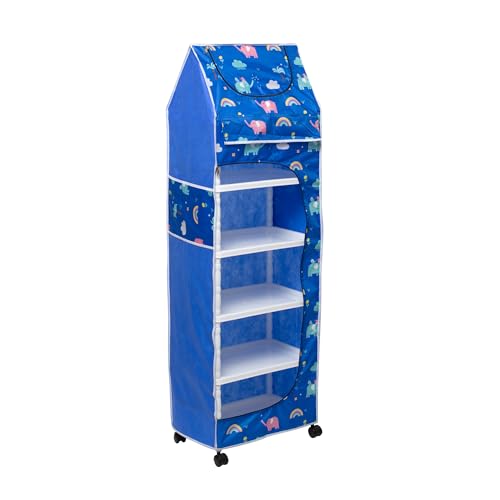 Image of HYSEYY Baby Wardrobe Plastic Kids Storage Rack with Fabric Cover & Wheels | 6-Tier Plastic Shelves Organizer | Toy, Book & Clothes Storage Cabinet for Kids Room (Elephant Pattern)