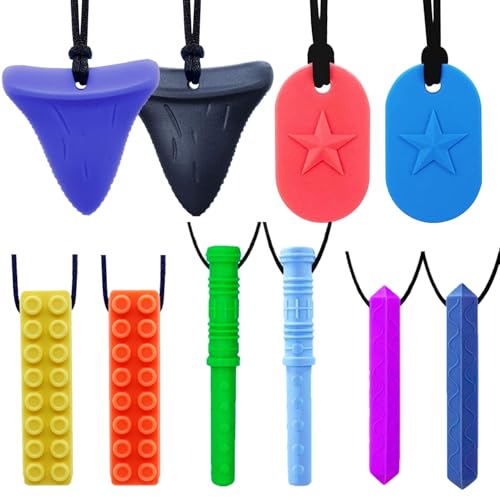 Chew Necklaces for Sensory Kids, 10Pcs Silicone Chewy Necklace for Children with Autism, ADHD, SPD, Chewing, Oral Motor Therapy Sensory Chew Toys(Rainbow Colors)