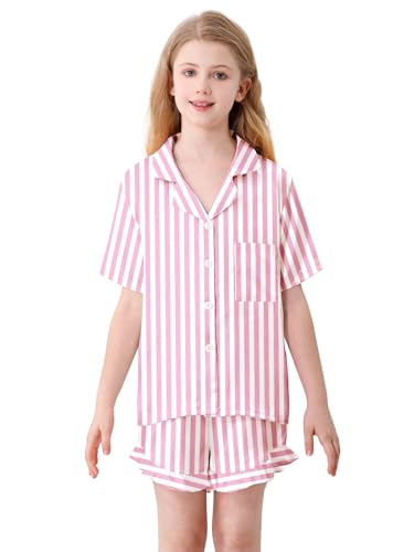 Umeyda Satin Silk Pajamas for Girls 2Pcs Button Down Pjs Set Girls Sleepwear, Pink Stripe, 7-8 Years2
