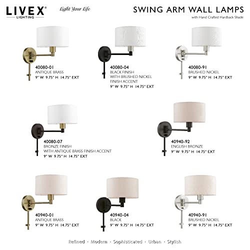 Image of Livex Lighting 40080-04 1 Light Swing Arm Wall Lamp, Black with Brushed Nickel Accent, 9 x 9.75