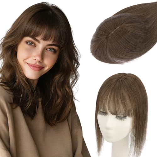 Rich Choices Real Human Hair Toppers for Women 3D Cover Clip in Bangs 100% Remy Human Clip in Silk Base Hair Topper with Bang for Thinning 150% Density 8 Inch #2 Dark Brown