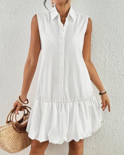 Image of Bsubseach Womens Casual Summer Dresses Sleeveless Linen Bubble Mini Short Dress Button Down Shirt Sundress with Pockets