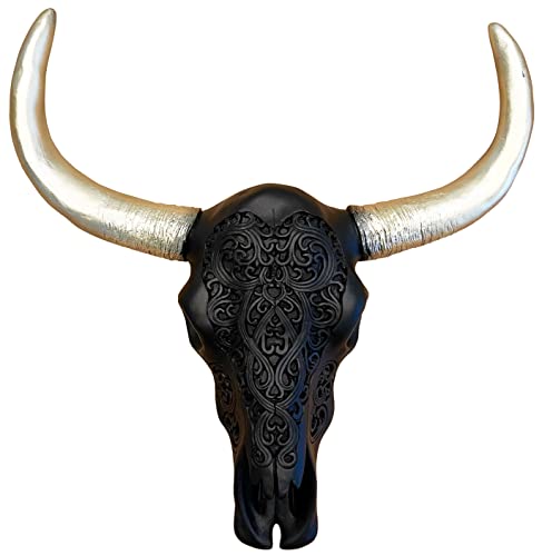 Top Brass Tribal Design Carved Painted Steer Bull Cow Balck & Gold Skull - Wall Mount Head - Rustic Western Art Sculpture #TOP28