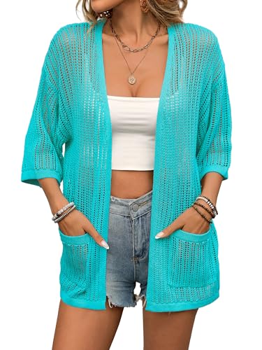 BB&KK Lightweight Summer Crochet Cardigan for Women 3/4 Sleeve Open Front Sheer Knit Boho Kimono Cardigans with Pockets