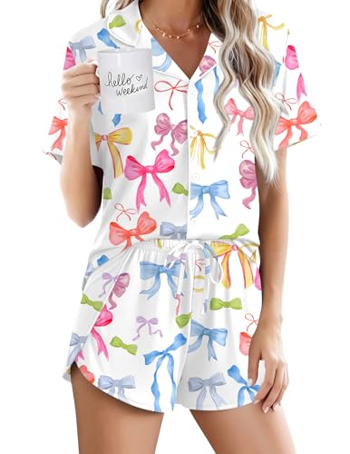 Image of Ekouaer Pajamas for Women Set Button Up Sleepwear 2 Piece Pjs Lounge Set Short Sleeve Nightwear