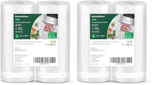 Image of Bonsenkitchen Vacuum Sealer Bags, 8 inch x 50' Rolls 4 pack for Food Storage Saver, Bpa Free, Heavy Duty, Commercial Grade Textured Food Roll, Customized Size Bag for Sous Vide Cooking,VB3209