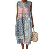 Vestido de Verano Mujer Sin Mangas Vestido Largo Estampado Floral Boho Vestidos Playa Mujeres Sueltos con Bolsillos Ropa de Mujer Casual Dress Maxi Elegante Vestidos Tunica Playera Talla Grande