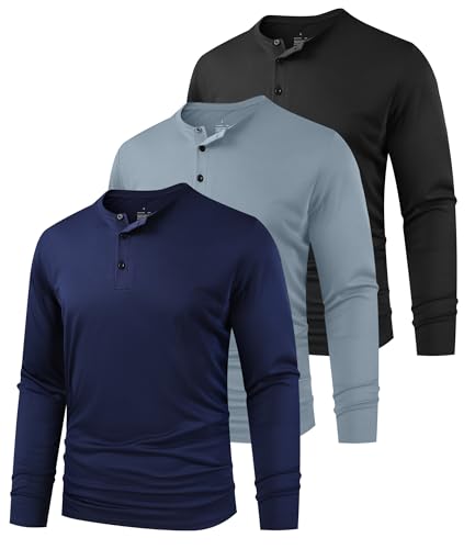 3 Pack Men's Henley Shirts Dry Fit Long Sleeve Casual Tee Gym Workout Lightweight Regular-Fit T-Shirts
