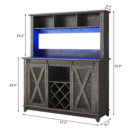 Image of 47 inchWide 56 inchH Farmhouse Coffee Bar Cabinet with Power Outlet and LED Light,Wine Bar Cabinet w /3 Storage Hutch,Kitchen Buffet Cabinet with 10 Wine and Glass Racks for Kitchen Dining Room(Dark Oak)