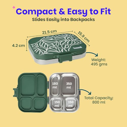 Image of Basil Bento Box Quad - 4 Compartment Stainless Steel Lunch Box with BPA-Free Plastic Lid | 800 ml Leak-Proof Tiffin Box for Kids & Adults | Premium School, Office, and Picnic Lunch Box - Emerald Moss