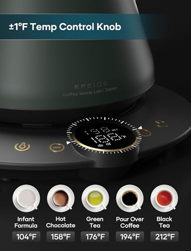 Gooseneck Electric Kettle with ±1℉ Temperature Control for Pour Over Coffee & Tea, Quick Heating, BPA-Free Stainless Steel, Built-in Brew Timer, 1500W/0.9L (Forest Green)