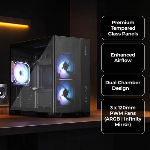 Image of Zebronics Cube Gaming PC Cabinet, mATX /ITX Compatibility, 360mm Radiator Support, PWM ARGB Fan Setup, Tempered Glass Panel, Magnetic Dust Filter, Dual Chamber Layout (Mercury 20, Black)