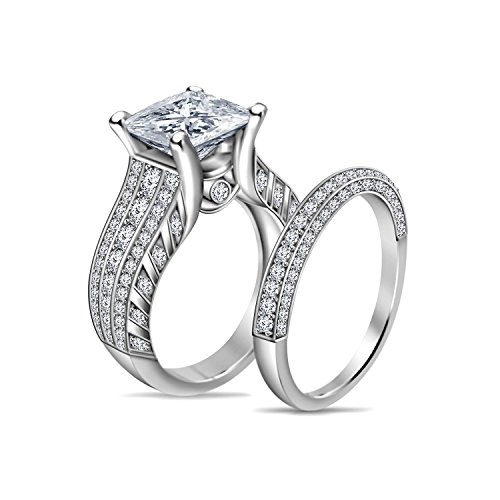 Jewelry Star Wedding Band Engagement Ring Bridal Set for Women 14K White Gold Plated in 925 Sterling Silver 2.00ct Dazzling Princess Cut Cubic Zirconia