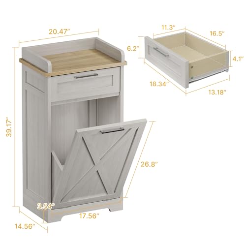 DWVO Wooden Trash Cabinet with Drawer, Tilt-Out Hamper for Kitchen Island, 20.5" W x 14" D x 39" H, Off White