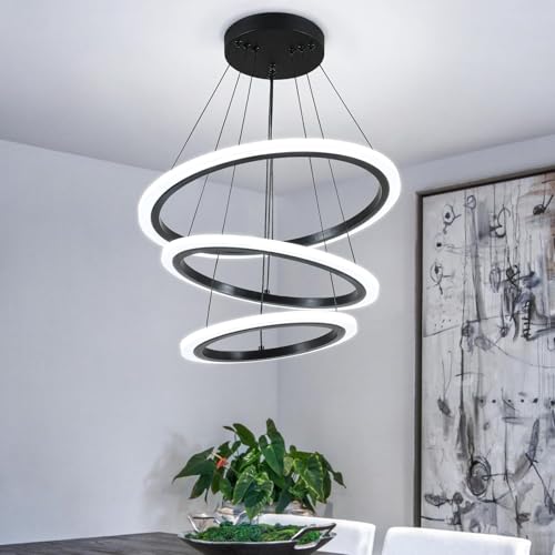 Image of Manraj Modern LED Chandelier, Acrylic 3-Ring Design, Ring Flush Mount Chandelier with Adjustable Hanging Cord Pendant Light Fixture, for Dining Living Room Bedroom (Black)
