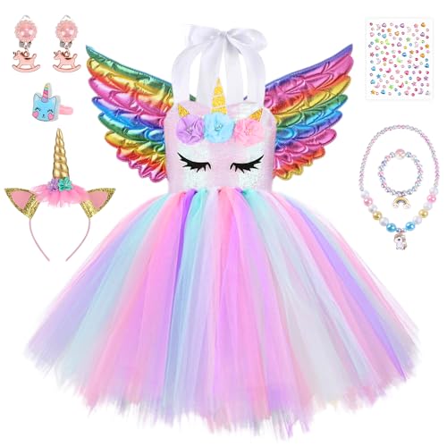 TOSZOLY Disfraz Princesa Niña, Vestido Unicornio con Venda Collar Set,Unicornio Vestido Tul Infantil para Cumpleaños, Fiesta, Carnaval, Halloween, Navidad, Cosplay (130)