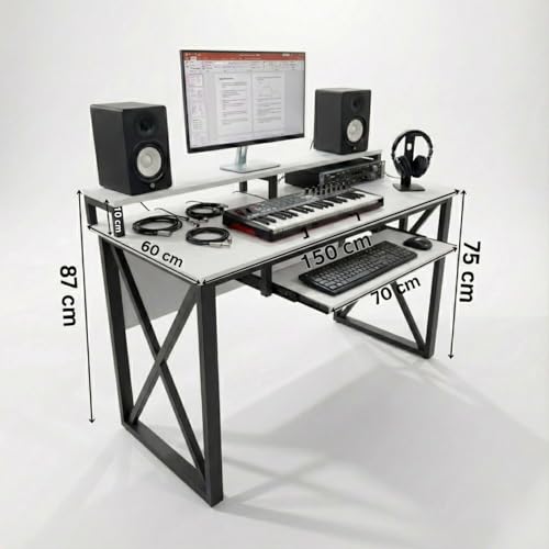 Image of FFO Music Studio Desk | Music Studio Desk with Keyboard Tray | Workstation,Laptop PC Computer, Music Instrument Table for Music Producers | (White) | (150L x 60W x 87H CM) | DIY