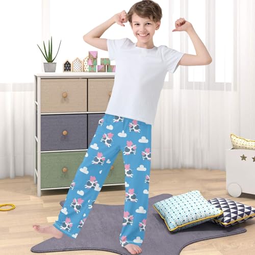Boy's Pj Pants Cute Flying Cows Pink Wings Blue Cloud Lounge Bottoms Elastic Kids Joggers with Pockets Size 6-144