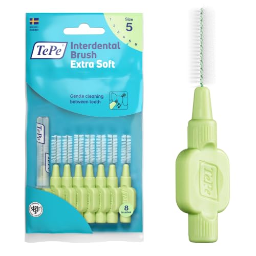 Image of TePe Interdental Brush Extra Soft, Supersoft Dental Brush for Teeth Cleaning, Pack of 8, 0.8 mm, Large Gaps, Green, Size 5