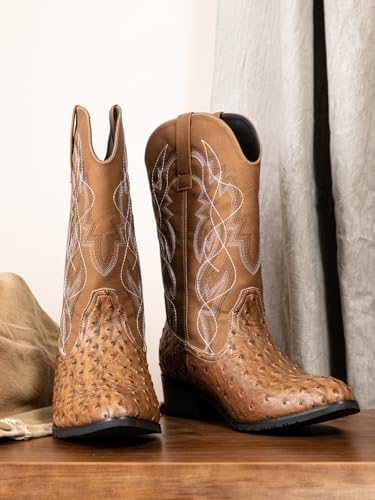 Image of Western cowboy boots, ostrich leather, embroidered design, brown, mid-calf, men's antique ostrich embossed exotic western boots round head.