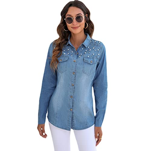 WINDEHAO Chemise en jean à revers bleu pour femme, cardigan à manches longues en jean à simple boutonnage