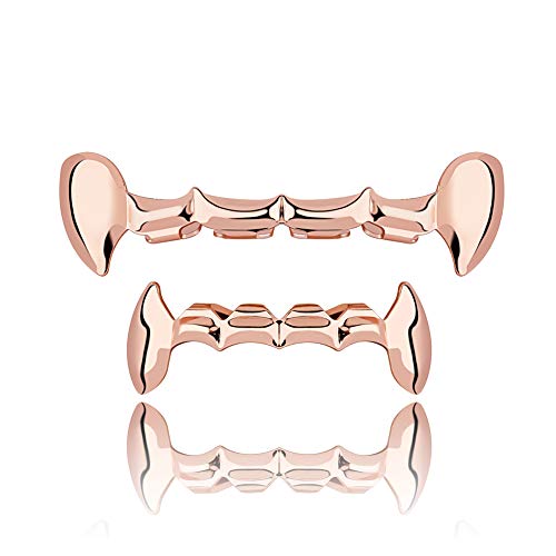 TOPGRILLZ 18K Gold Plated Dracula Vampire Fangs Slug Top and Bottom Grills for Your Teeth Grillz Set for Men and Women Hip Hop (Rose Gold)