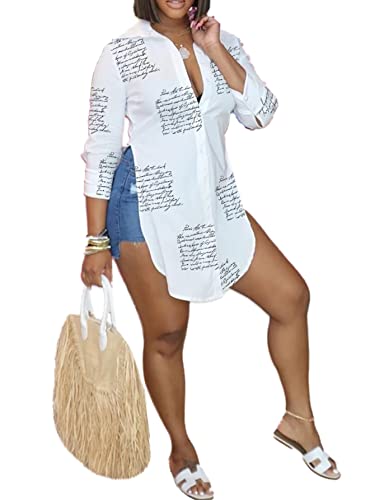 Image of LYANER Women's Collar Neck Long Sleeve Button Down Shirts Sexy Split Hem Tops Long Blouse Shirt Dress