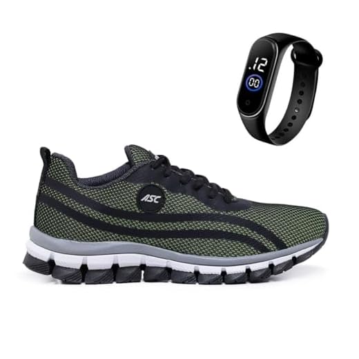 Tênis Masculino Ascension + Relogio Digital Fino Leve, Macio e Confortável – Para Caminhada, Corrida, Academia e Uso Diário | Estilo Esportivo e Urbano (Preto e Verde, BR, Adulto, Numérico, 40)