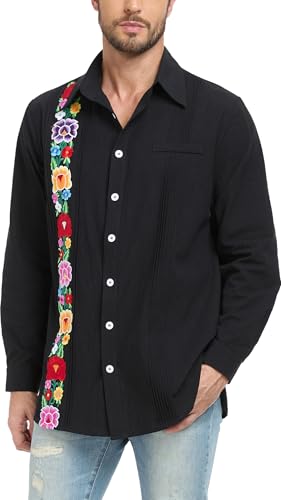 YZXDORWJ Men's Mexican Shirts Cuban Guayabera Shirt Casual Long Sleeve Embroidered Linen Summer Beach Shirts3