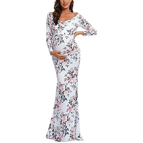 Ecavus Women's Off Shoulder Maternity Dress Slim Cross-Front V Neck Long Sleeve Gowns for Photoshoot (Floral13, S) Cover