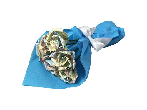 Map Page Petite Bouquet- Handmade From Damaged Atlas- Six Mini Roses Appx.1.5" Across Each #TOP1