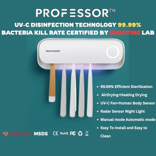 Image of PROFESSOR Certified by Eurofins Premium Smart UV-C Toothbrush sanitizer & sterilizer Holder, 4000mAh Battery, Wall-Mounted 5-Slot for Kids& Adult Toothbrush Holder, Kills 99.99% Bacteria, CE Approved