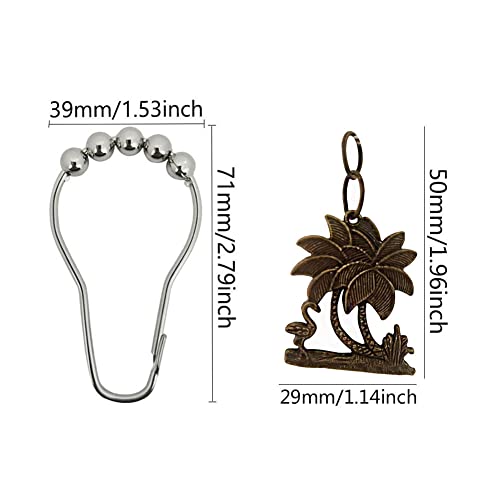 Shower Curtain Hooks with Palm Tree Pendant for Beach Seaside Summer Theme Decor Bathroom, Rust Proof Stainless Steel Decorative Shower Rings Set of 12 , Home Bathtub Decor Accessories (Bronze)