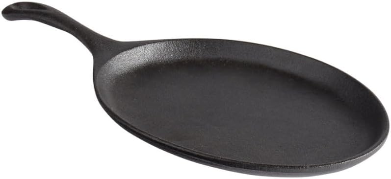 Soro Essentials- 7" x 9.25" Oval Fajita Griddle Cast Iron Sizzler Pan with Teardrop Handle Black Color- Pre-Seasoned Sizzle Platter Use in the Oven on the Stove on the Grill or Over a Campfire