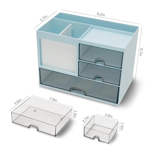 Image of UCRAVO Blue Aesthetic Desk Organizer and Storage with 3 Clear Drawers Multi-Functional Large Capacity Pencil Pen Holder | Cute Desktop Organizer with 8 Compartments for Office, Home, and Art Supplies