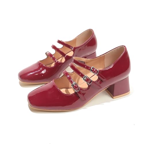 Women's Closed Round Toe Mary Jane Pumps Shoes Adjustable Strap Patent Leather Retro Low Chunky Heels Pump Shoes 1.89 Inch2