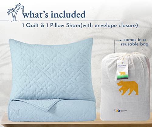 California Design Den Soft 100% Cotton Hand-Quilted Twin/Twin-Xl Quilt With Sham, Pure Cotton Fabric & Fill, Blue Quilt Twin 2 Piece Set, Pre-Softened, Diamond Pattern (Blue) #TOP3