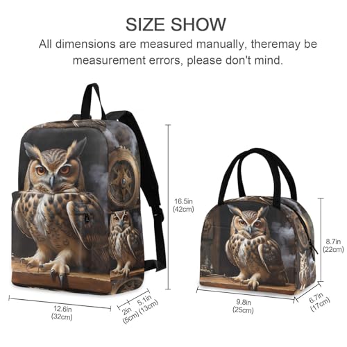 Backpack Lunch Bag Set Owl on Desk Print, Big Storage Travel Backpacks with Insulated Lunch Box for Office Hiking Picnic2
