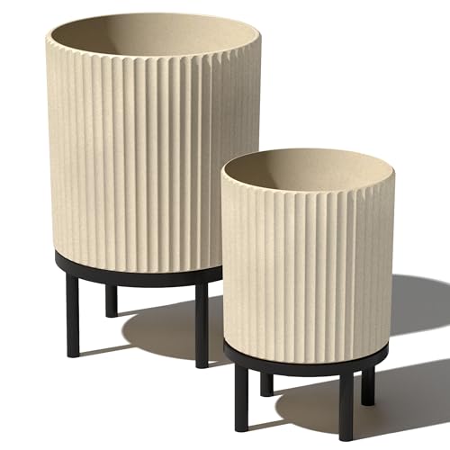 Image of Veradek Demi Series Raised Duo Planters - Set of 2 Planters with Stands | Made From a Durable Plastic-Stone Composite & Comes With Wooden Stand. Modern Porch /Patio Decor