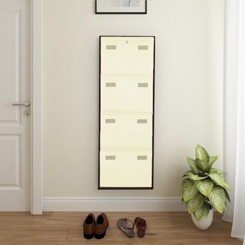 Image of Metal Shoe Rack Wall Mounted for Home with Central Locking 4 Door 20 inch Wall Mounted Metal 8 Pair Shoe Rack Cabinet Pre-Assembled Rack Shelves | 3 Year Warranty (Brown & Ivory)