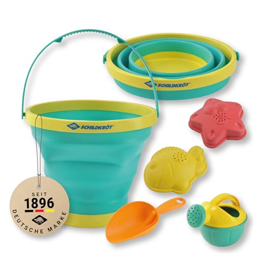 Schildkröt Ensemble de Jeu de Sable «Bucket Crew» | Seau Pliable de 2 L, Pelle, 2 moules, arrosoir | Jouet à partir de 18 Mois | Sac de Rangement Inclus